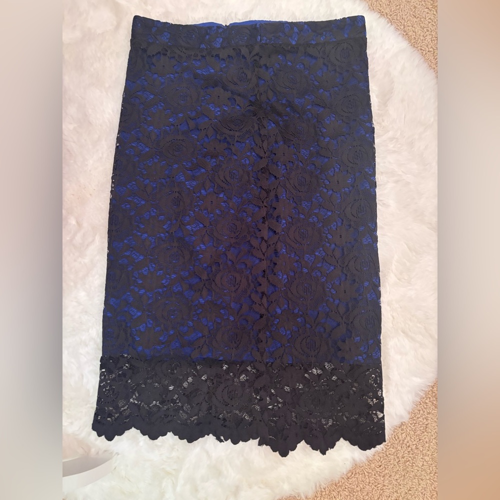 Black lace and cobalt pencil skirt